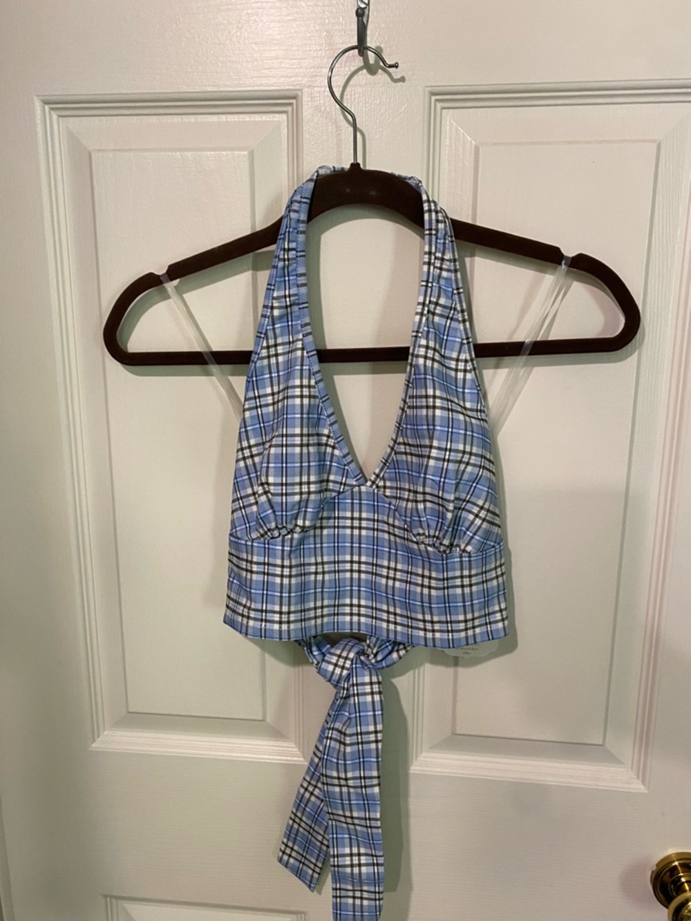 Altar'd State Blue Plaid Halter Tie-Back Crop Top